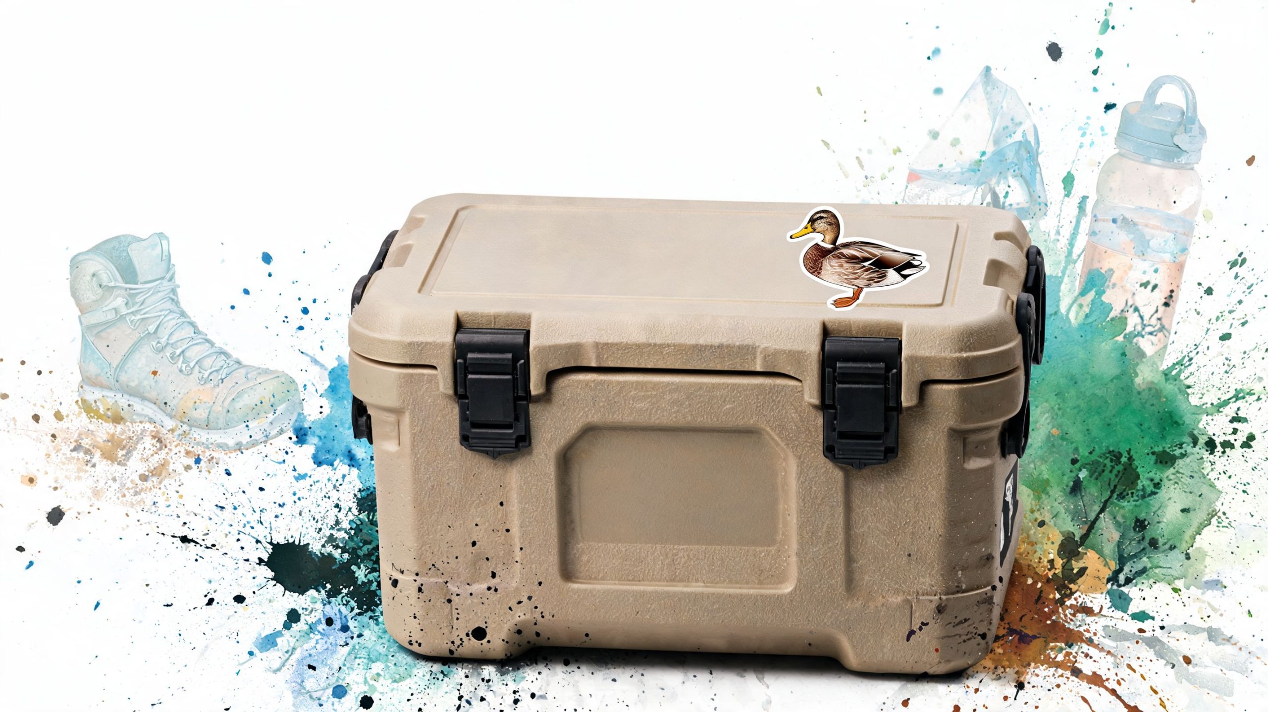 A tan plastic cooler featuring a mallard duck sticker sitting against a artistic paint splatter background.