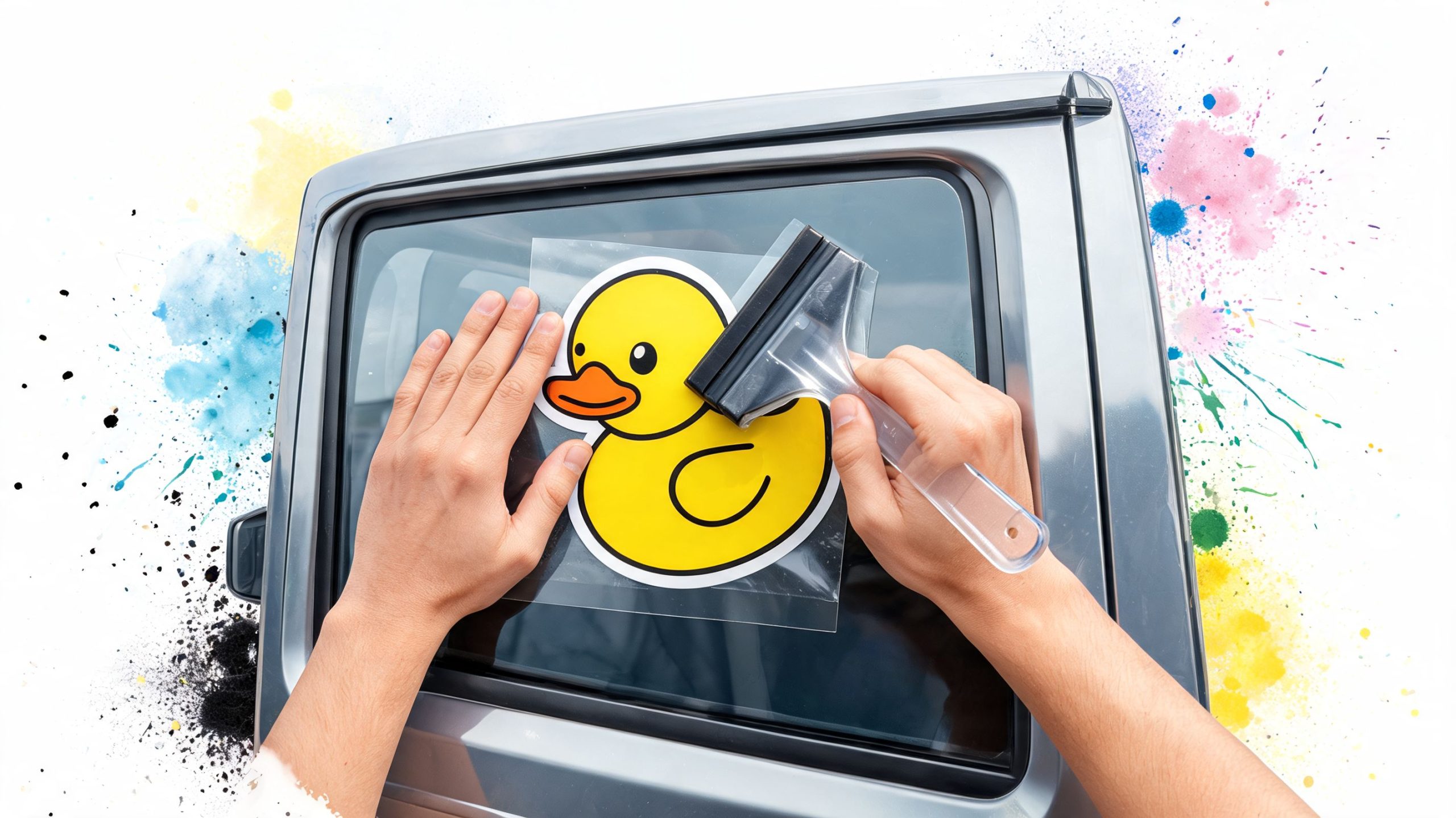 A person applying a yellow rubber duck sticker to a car window using a plastic squeegee tool.