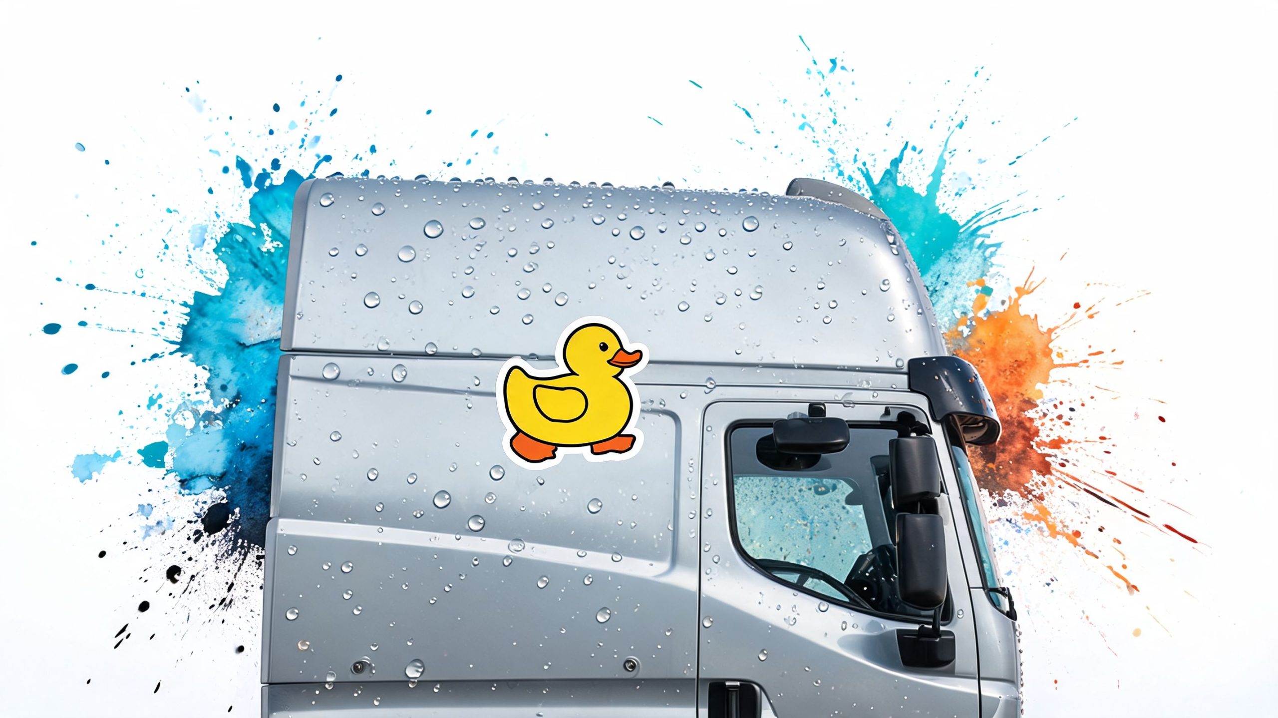 A yellow rubber duck sticker placed on the metallic side of a silver truck cab.