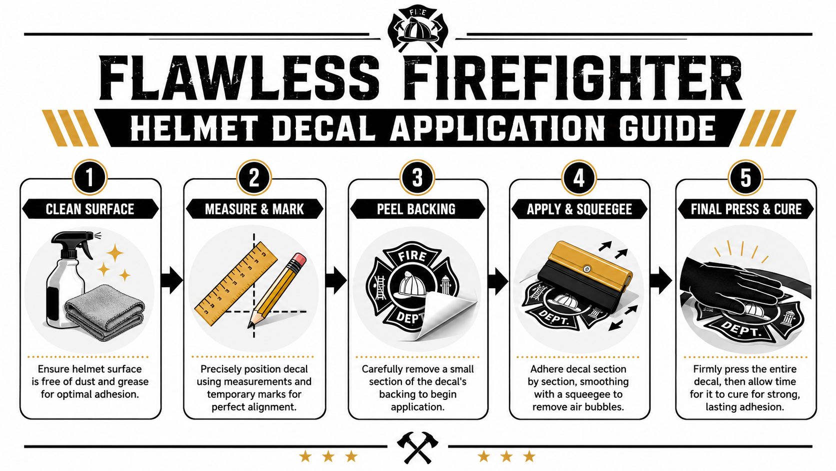 A five-step instructional guide on how to correctly apply vinyl decals to a firefighter helmet.