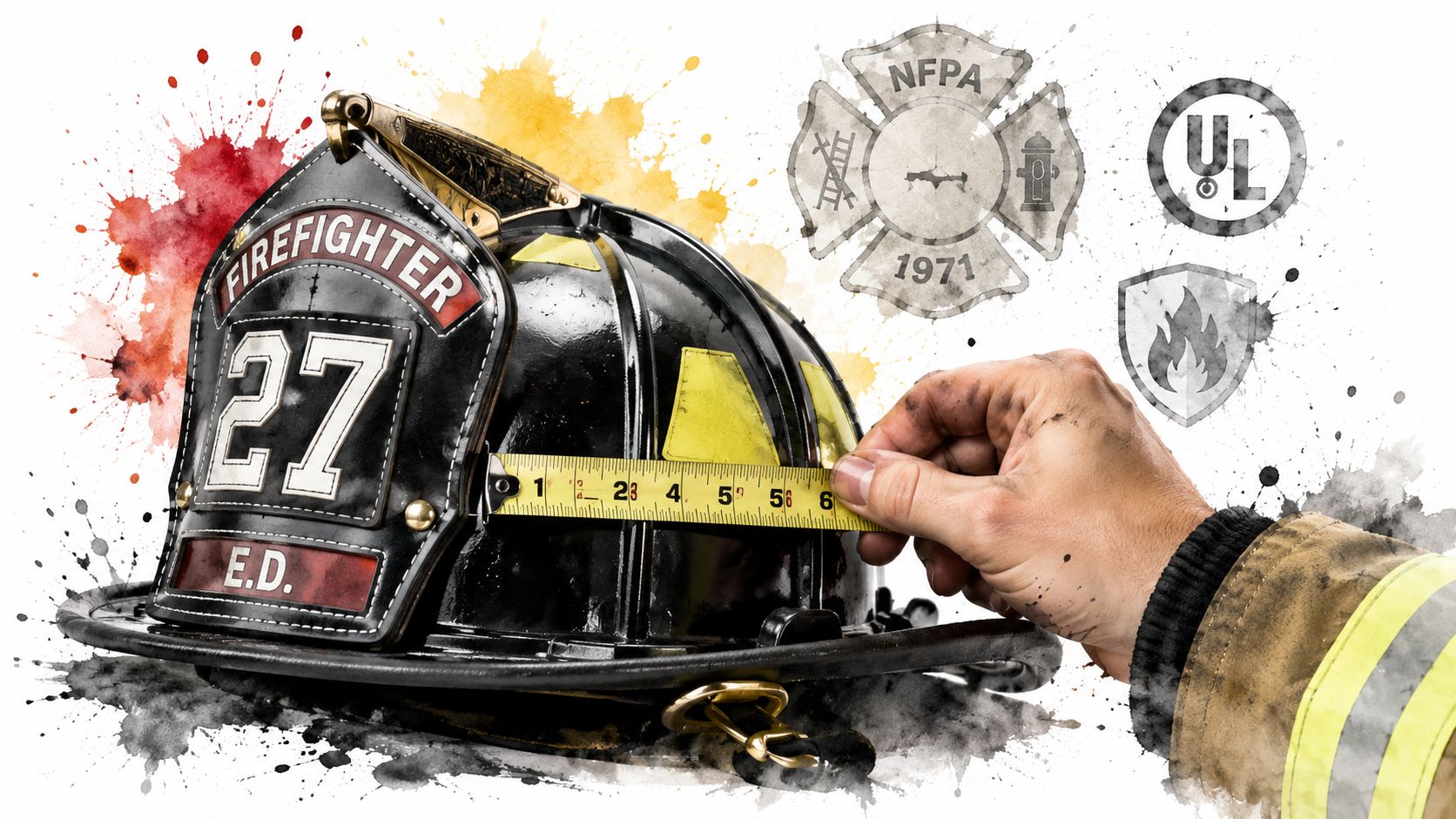 A close-up view of a hand measuring a black firefighter helmet with a yellow tape measure.