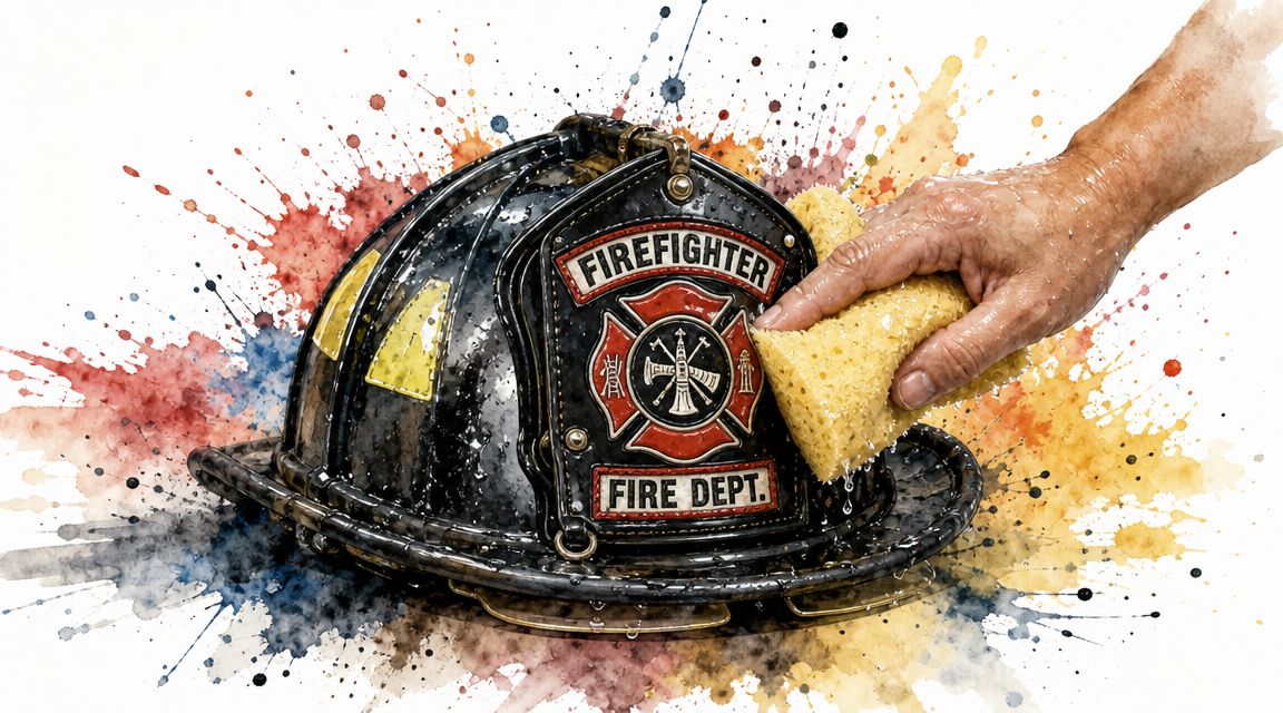 A close-up view of a hand cleaning a black firefighter helmet with a wet yellow sponge.