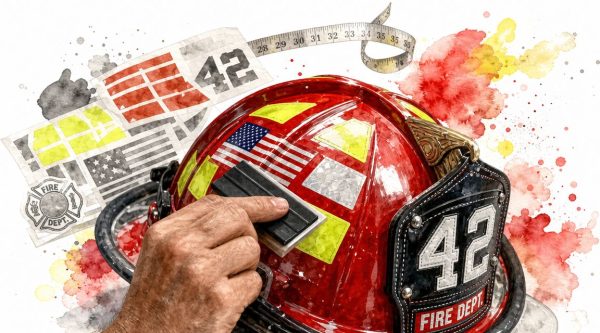 firefighter-helmet-decals-stickers-helmet-customization | Custom Sticker Shop Red firefighter helmet labeled 42 with a Fire Dept patch; a hand applies a reflective patch as a measuring tape and flag-themed art appear in the watercolor background.
