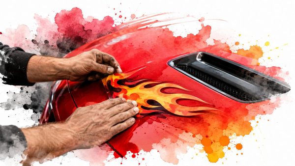 Hands apply a yellow-and-orange flame decal to a red car hood with a black vent, amid colorful paint-splash background.
