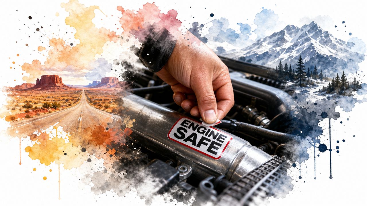 A hand placing an Engine Safe sticker on a metal car engine component amidst scenic landscapes.