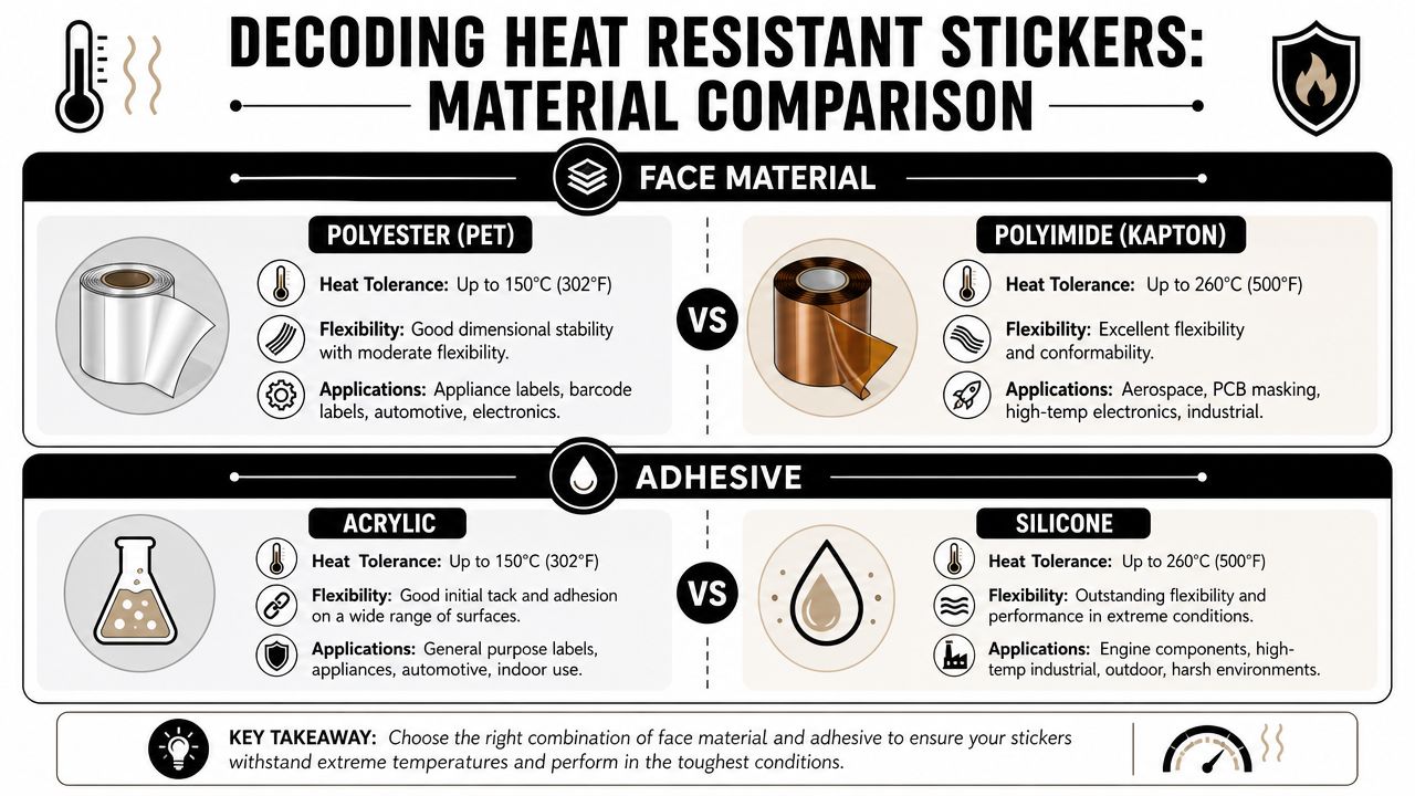 A comparison chart showing materials and adhesives for heat resistant stickers, including polyester, polyimide, acrylic, and silicone.
