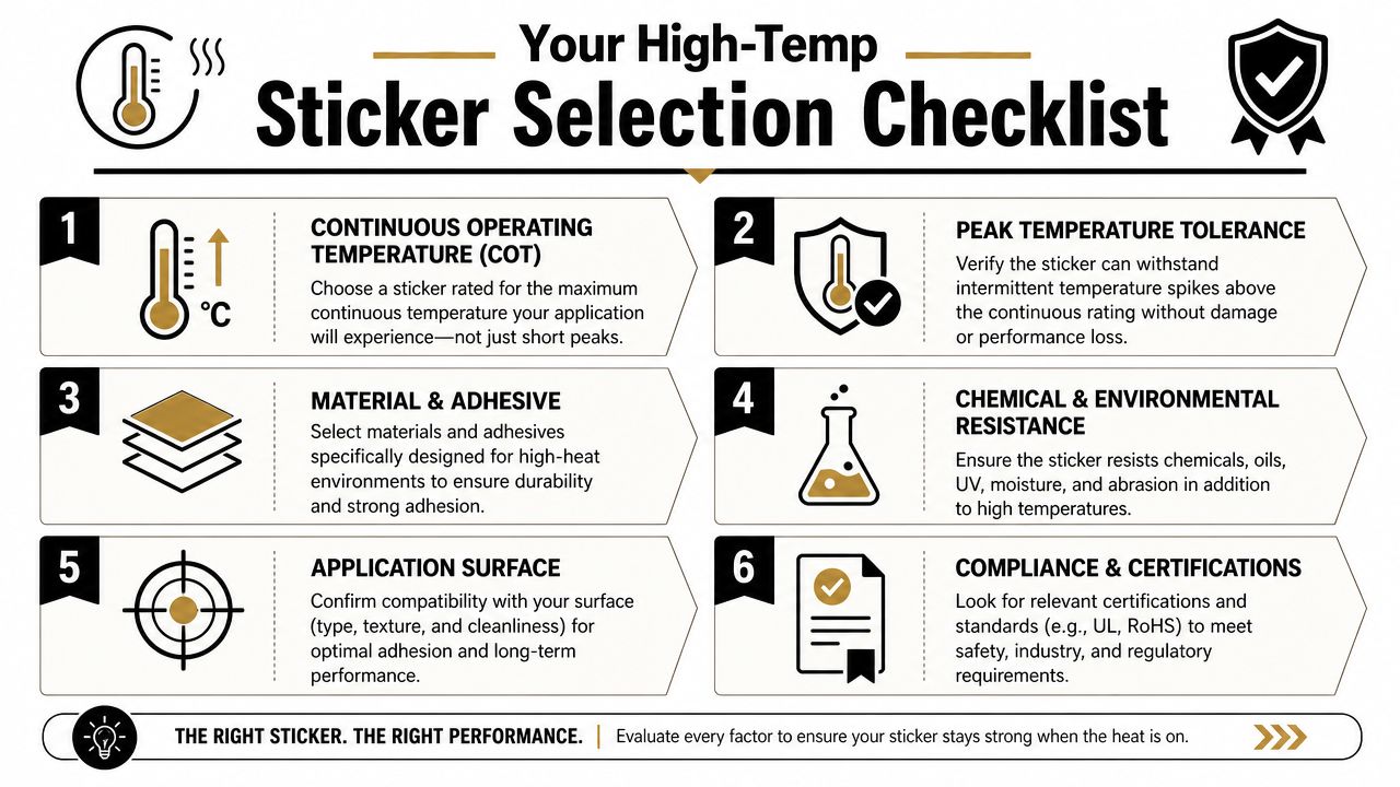A checklist infographic detailing six essential factors for selecting high-temperature stickers for industrial applications.