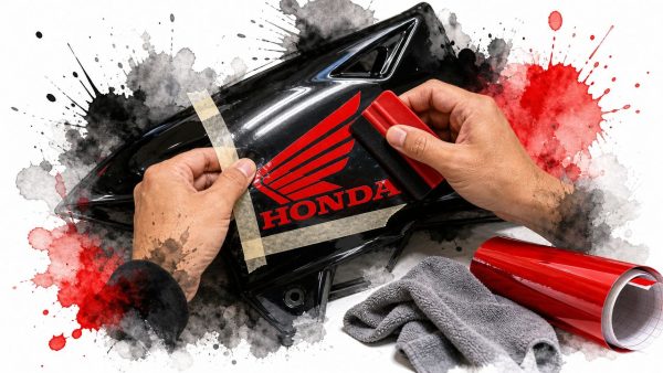 Person polishes a black Honda motorcycle fuel tank with a red polishing pad and masking tape, amid paint splash graphics and tools nearby
