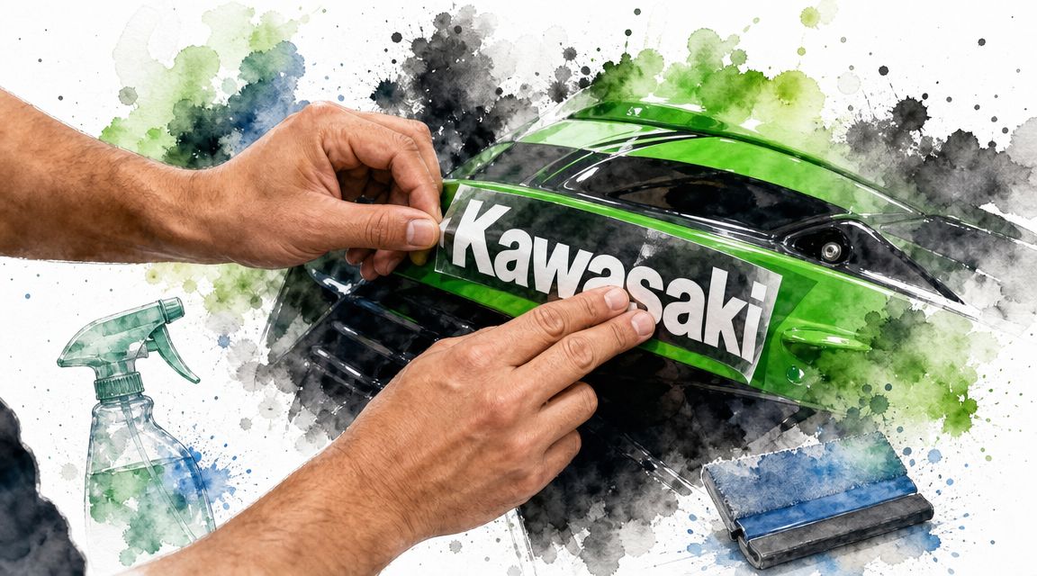 A close-up view of hands applying a white Kawasaki decal sticker onto a glossy green motorcycle panel.