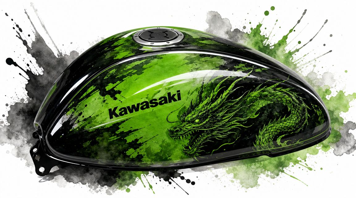 A glossy black and green motorcycle fuel tank featuring a detailed dragon illustration and Kawasaki logo branding.