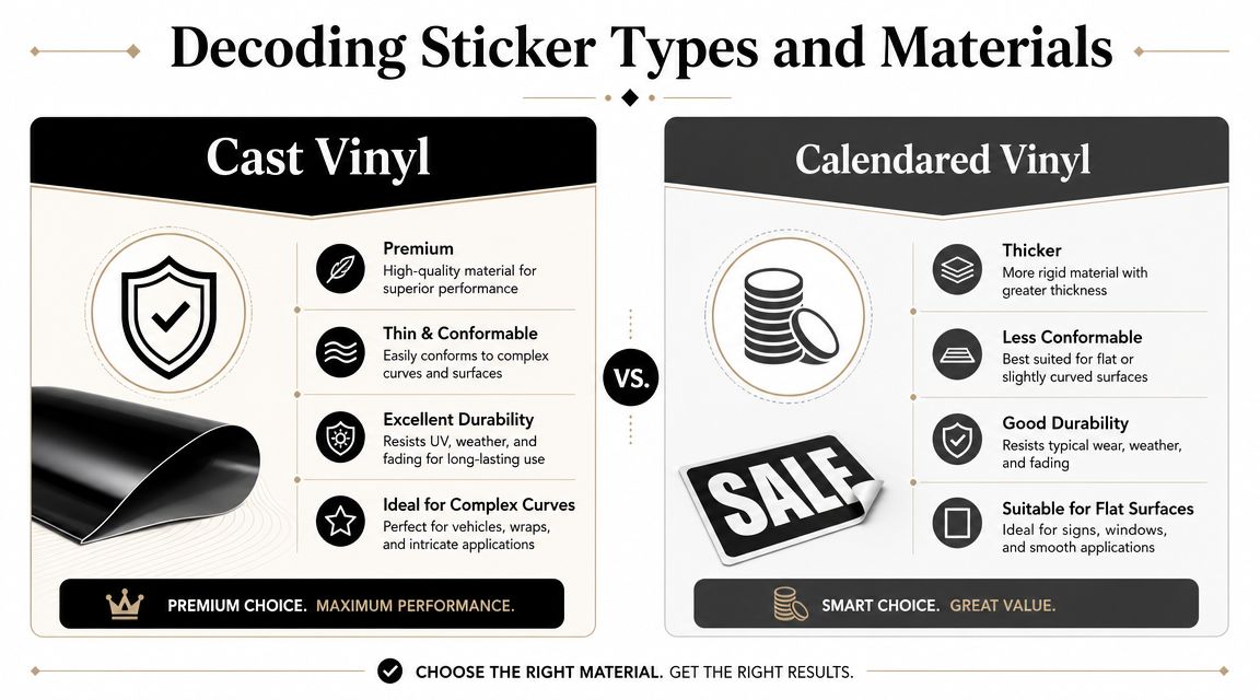 A comparison chart showing the differences between cast vinyl and calendared vinyl sticker materials and applications.