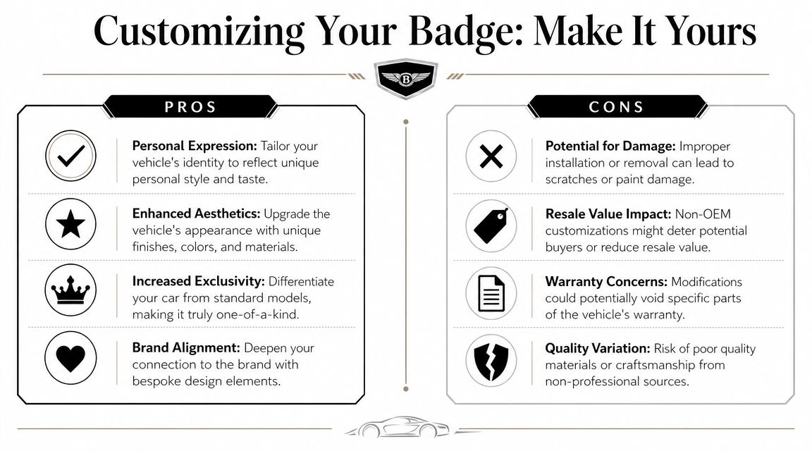 A comparison chart outlining the pros and cons of customizing luxury car badges for vehicle personalization.