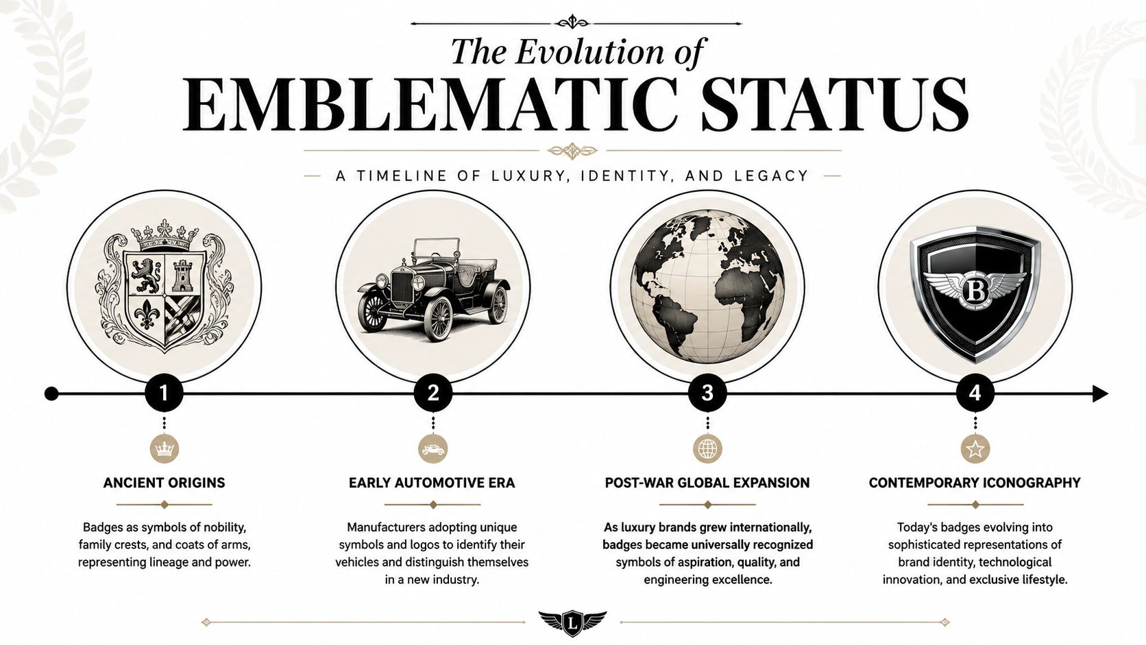 A timeline graphic showing the evolution of emblematic status in luxury car badges from history to present.