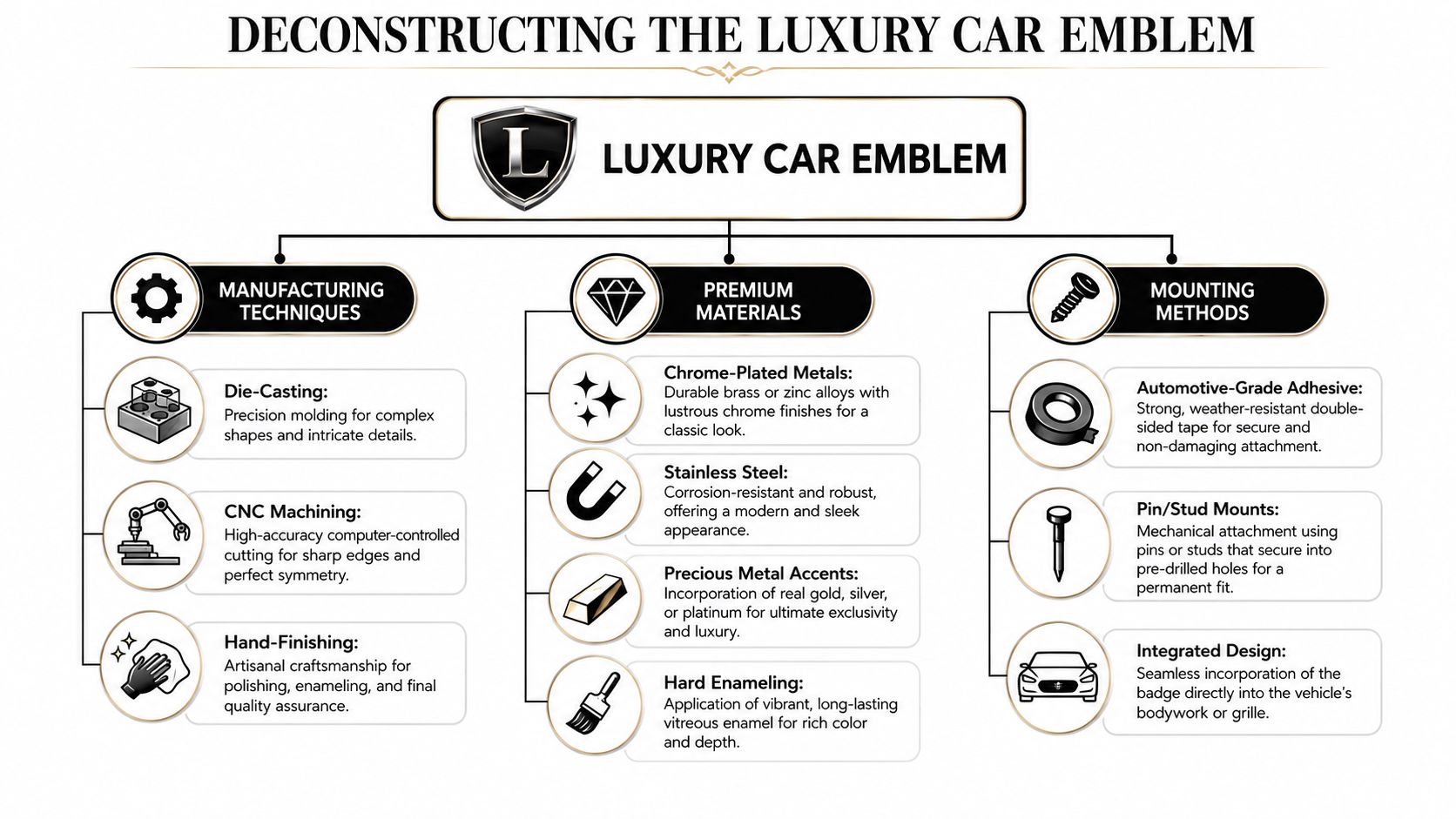 An infographic detailing the manufacturing techniques, premium materials, and mounting methods used for luxury car emblems.
