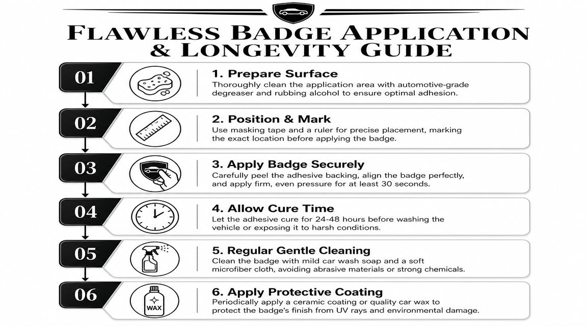 A six-step infographic guide detailing the professional process for applying and maintaining automotive car badges.