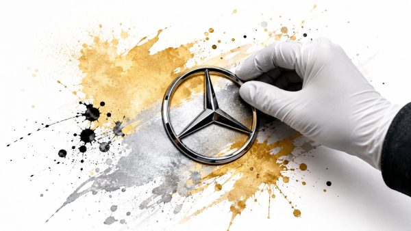 Gloved hand holds a Mercedes-Benz emblem against a gold and gray paint-splatter background