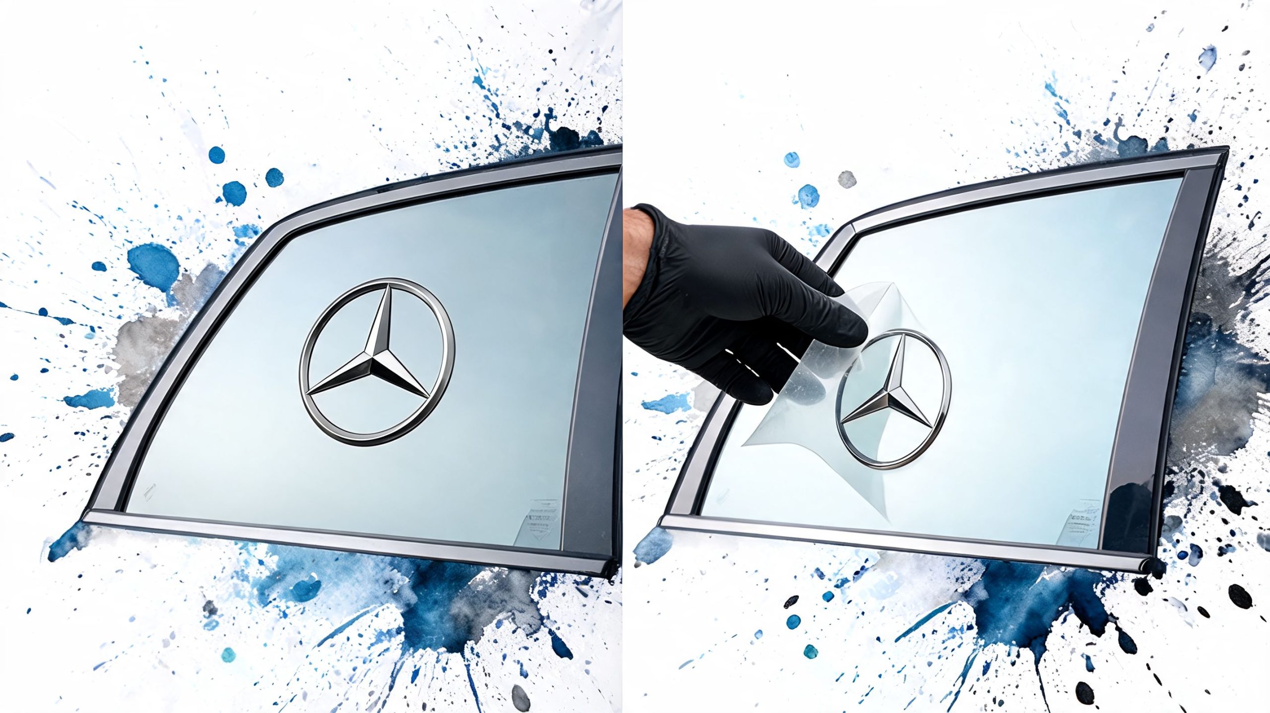 A hand wearing a black glove applying or removing a Mercedes Benz sticker on a car window.