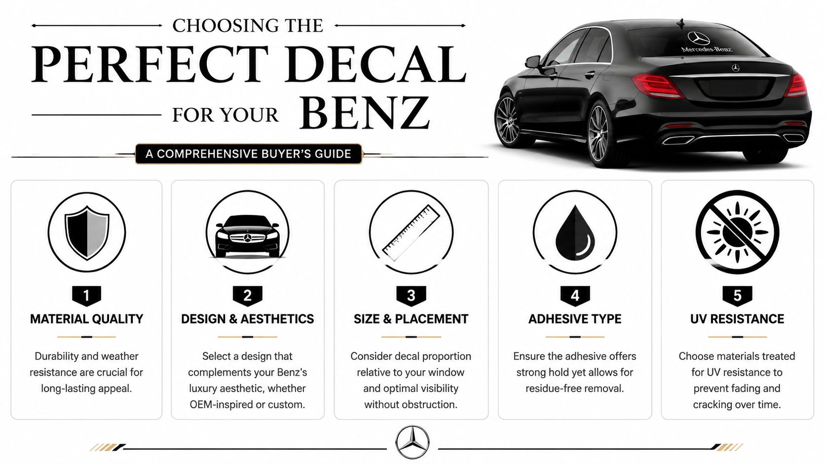 A comprehensive guide infographic on choosing the perfect decals and stickers for Mercedes-Benz car windows.