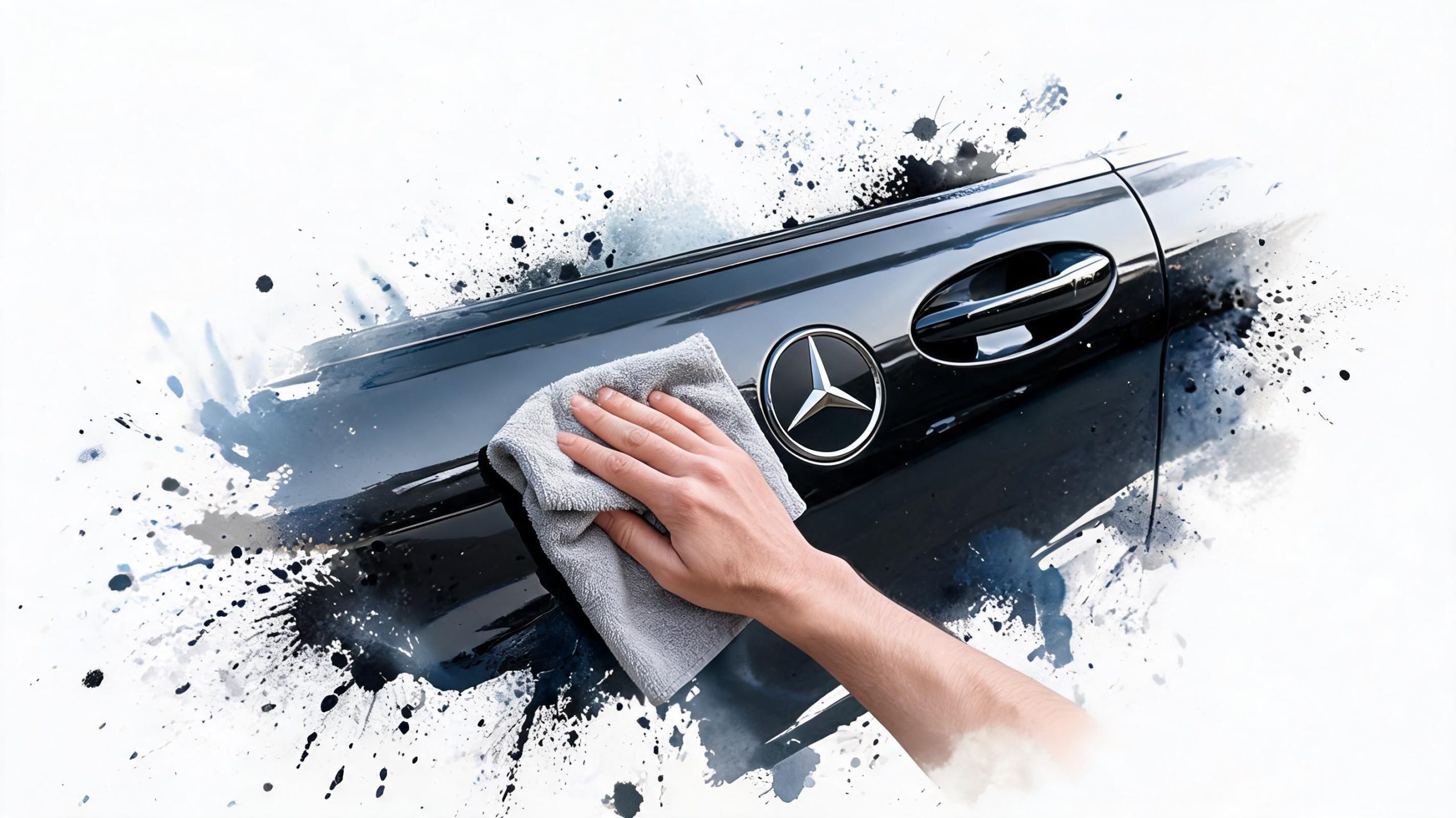 A close-up view of a hand cleaning a black Mercedes-Benz car door with a gray microfiber cloth.
