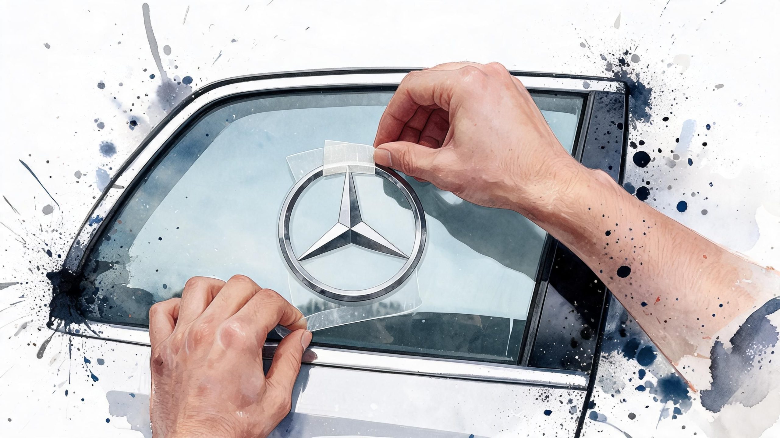 A pair of hands applying a Mercedes-Benz logo decal onto a car window in a watercolor art style.
