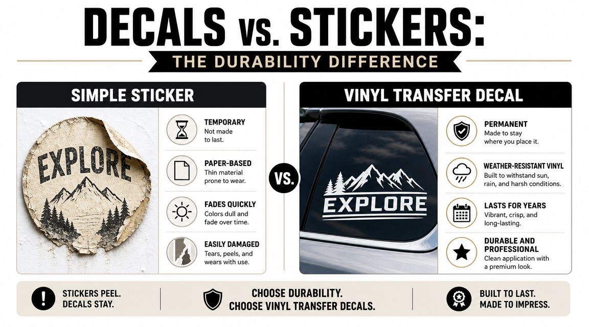 A comparison infographic showing the durability differences between a simple paper sticker and a vinyl transfer decal.