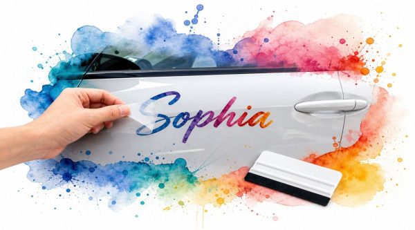 Hand applying a rainbow gradient decal with the name Sophia on a car door, surrounded by watercolor splashes.