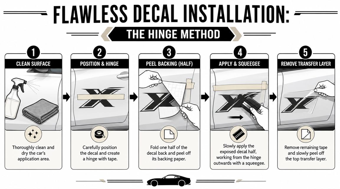 An infographic showing the five-step hinge method for applying a decorative decal onto a car door.