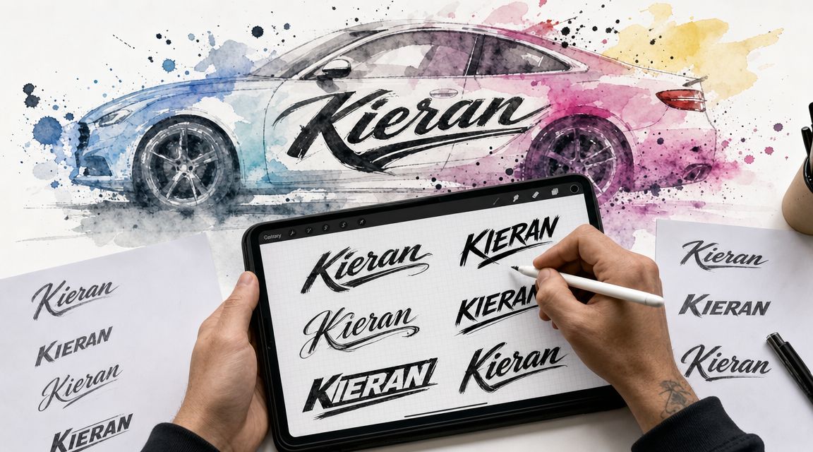 A designer's hands using a stylus to create various Kieran logo designs on a digital tablet screen.