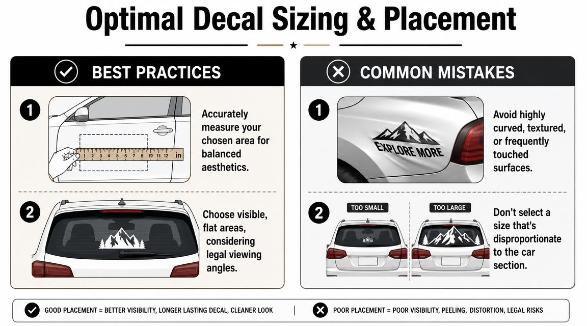 An infographic showing optimal decal sizing and placement tips for vehicle application with best practices and mistakes.