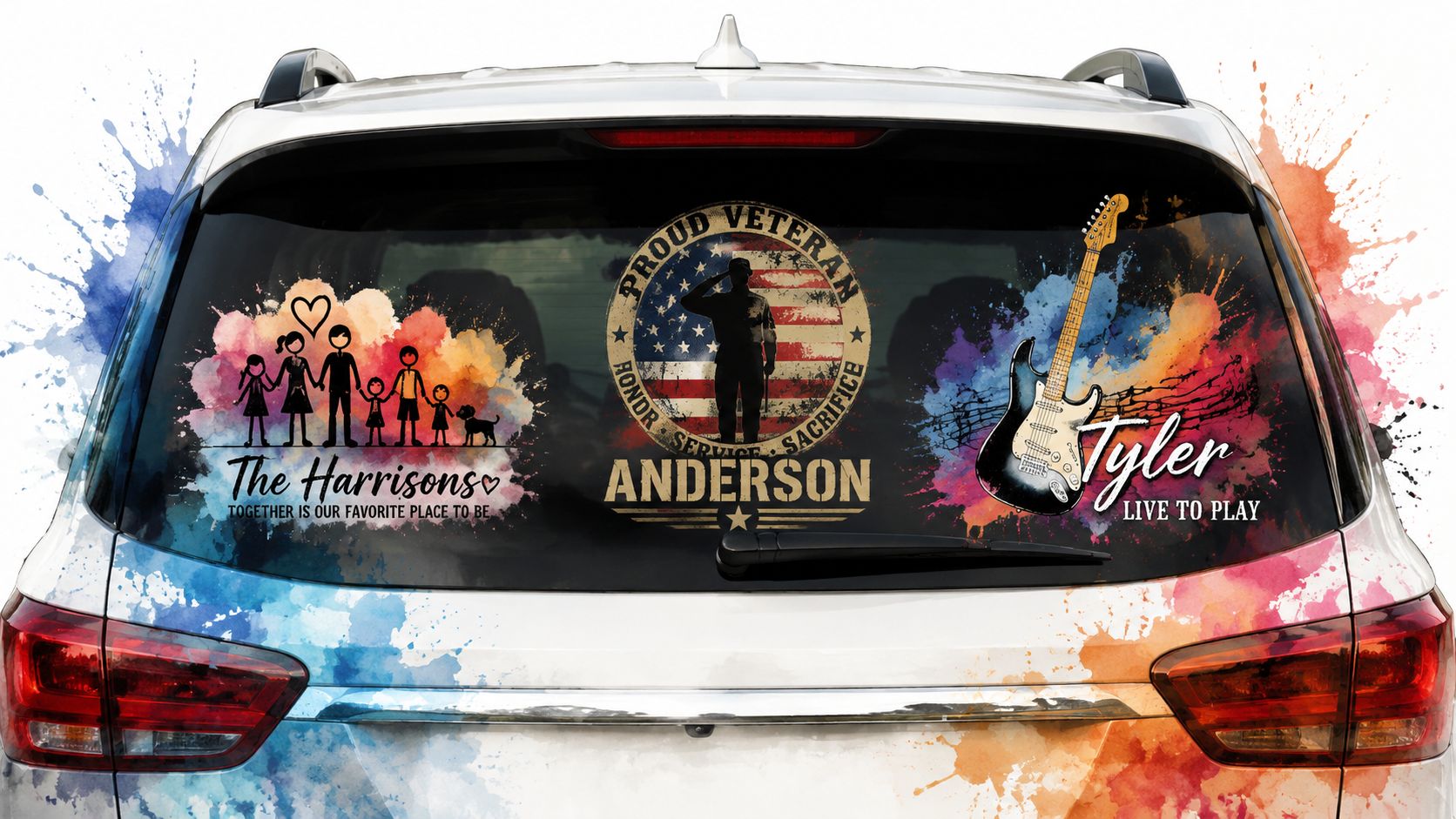 A car rear window showing custom family, veteran, and music-themed decals on a white SUV vehicle.
