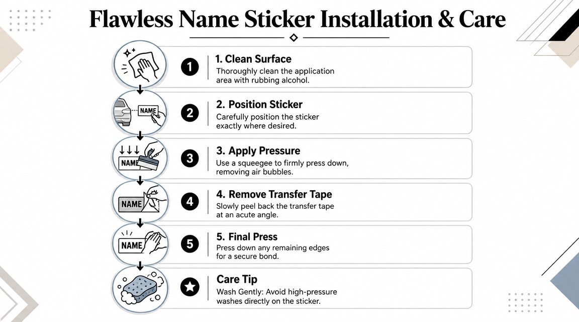 A step-by-step instructional infographic showing how to apply and care for custom name car stickers.