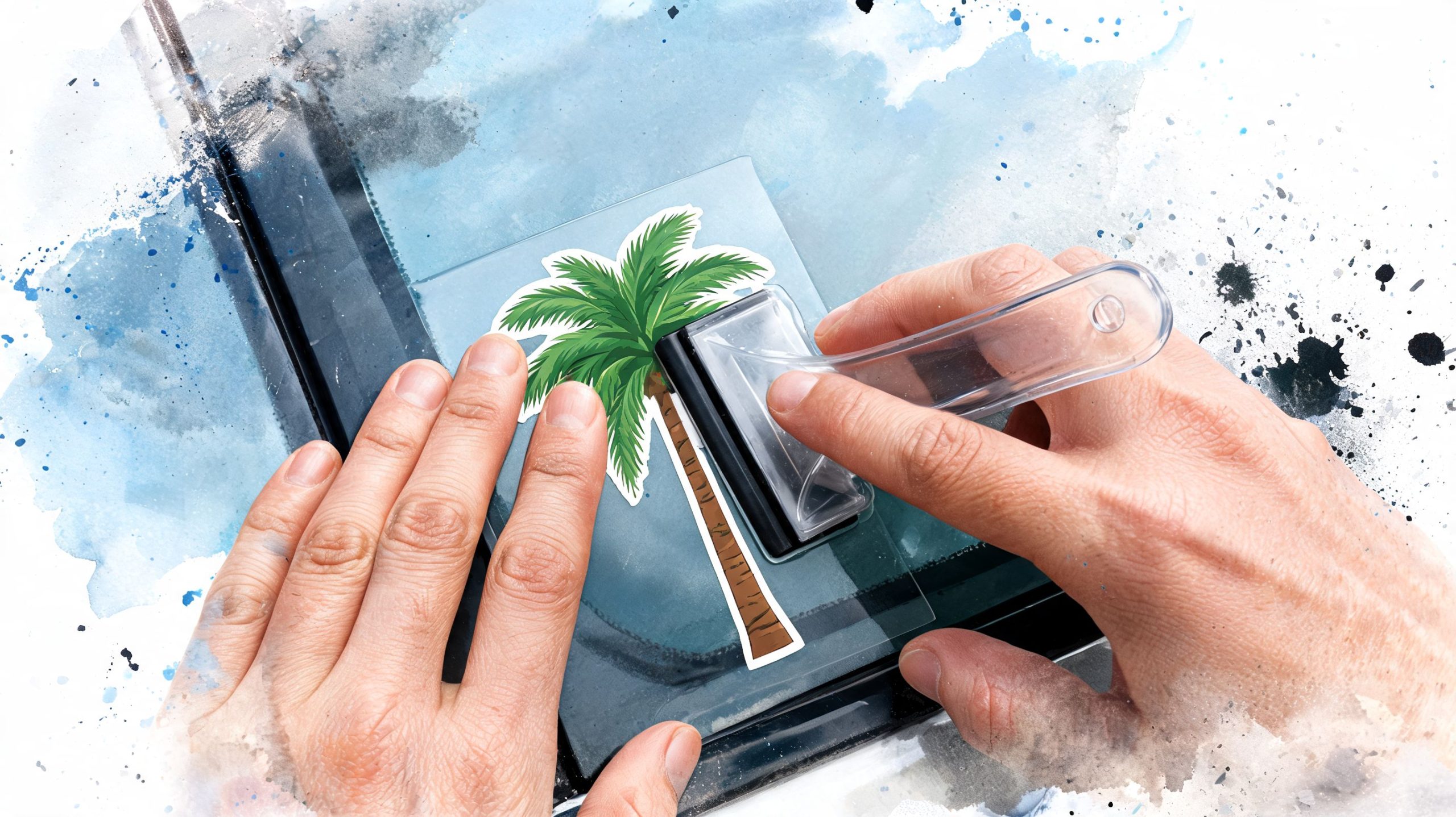 A close-up view of a person using a squeegee to apply a palm tree sticker to glass.