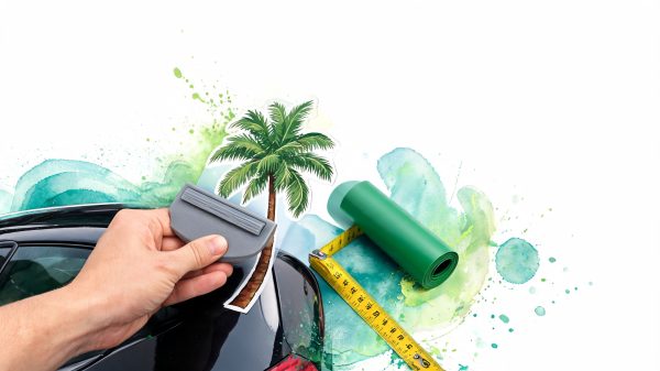 Person holding a helmet strap next to a rolled measuring tape, a palm tree cutout, and a green roll against a watercolor splash background — themed around car safety and eco-friendly design