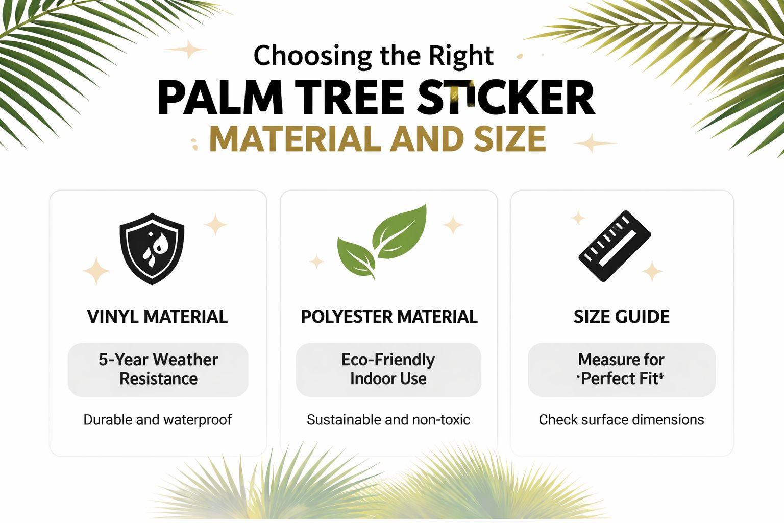 An infographic titled Choosing the Right Palm Tree Sticker guiding users on material and size selection.