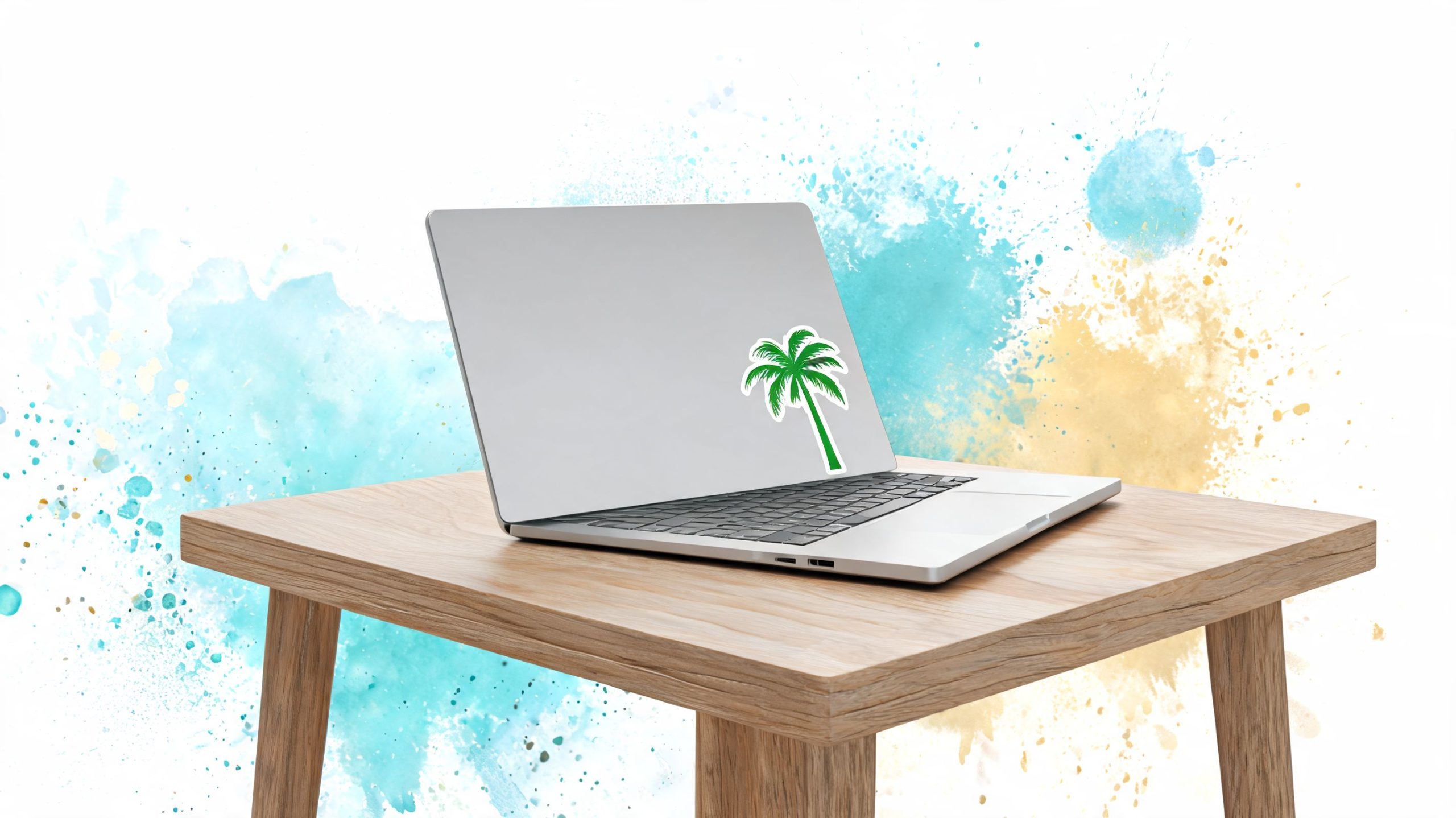 A silver laptop with a green palm tree sticker sits on a wooden table with watercolor background.