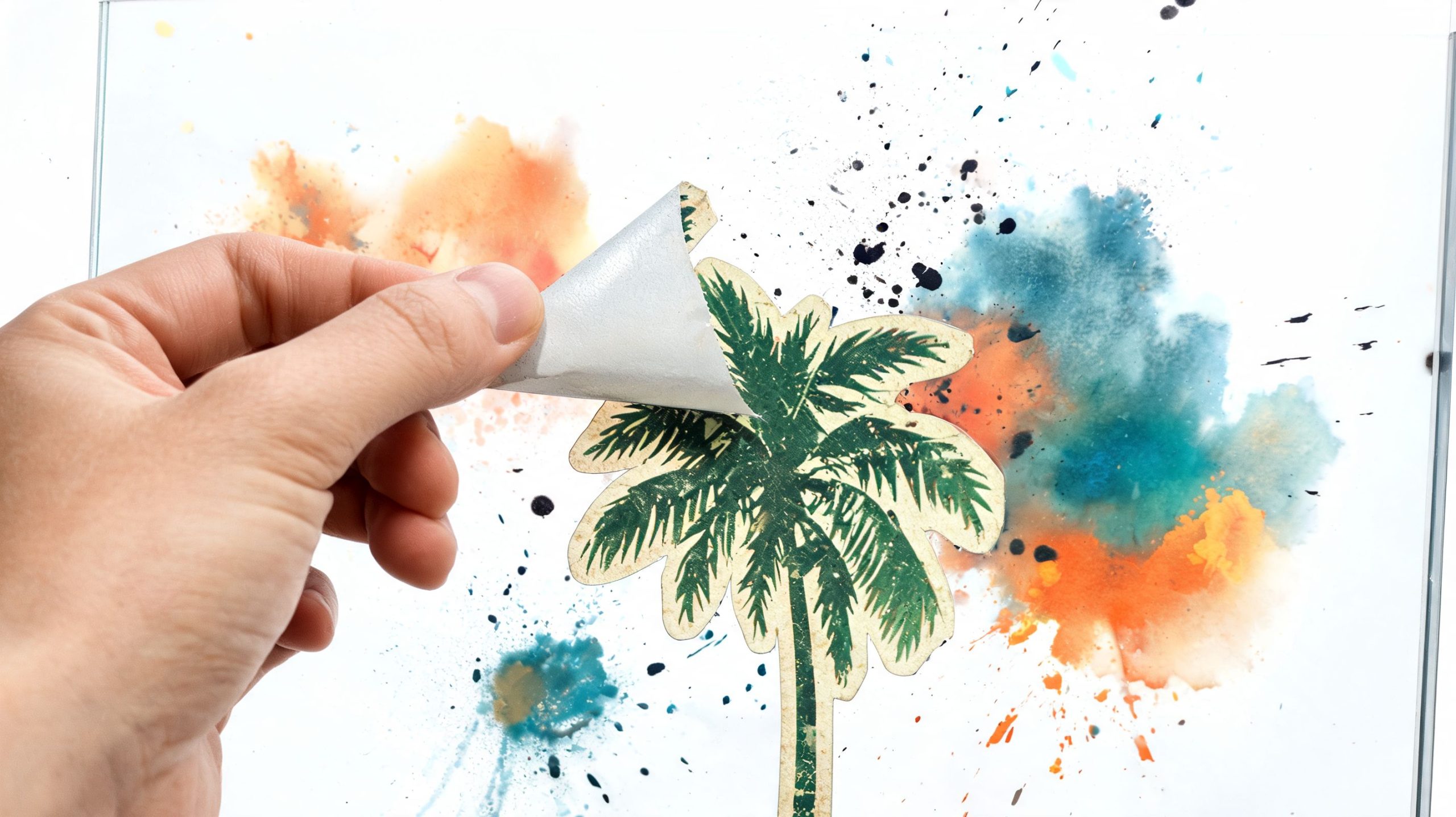A hand peeling a vintage-style palm tree sticker off a surface with colorful watercolor splatters.