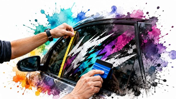 Person measuring and applying a colorful vinyl wrap to a car window using a tape measure and squeegee, with paint-splatter background.