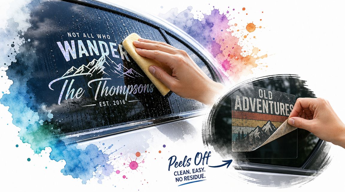 Hands applying and removing personalized vinyl decals on a car window with a mountain adventure theme.