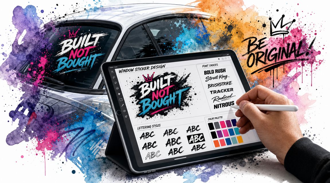 Digital artist using a tablet to create a custom graphic for a car window sticker design.