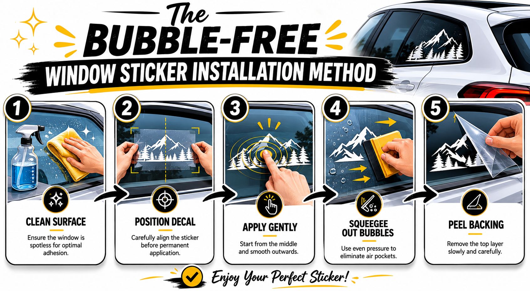 A step-by-step infographic showing how to apply a mountain-themed decal to a car window without bubbles.