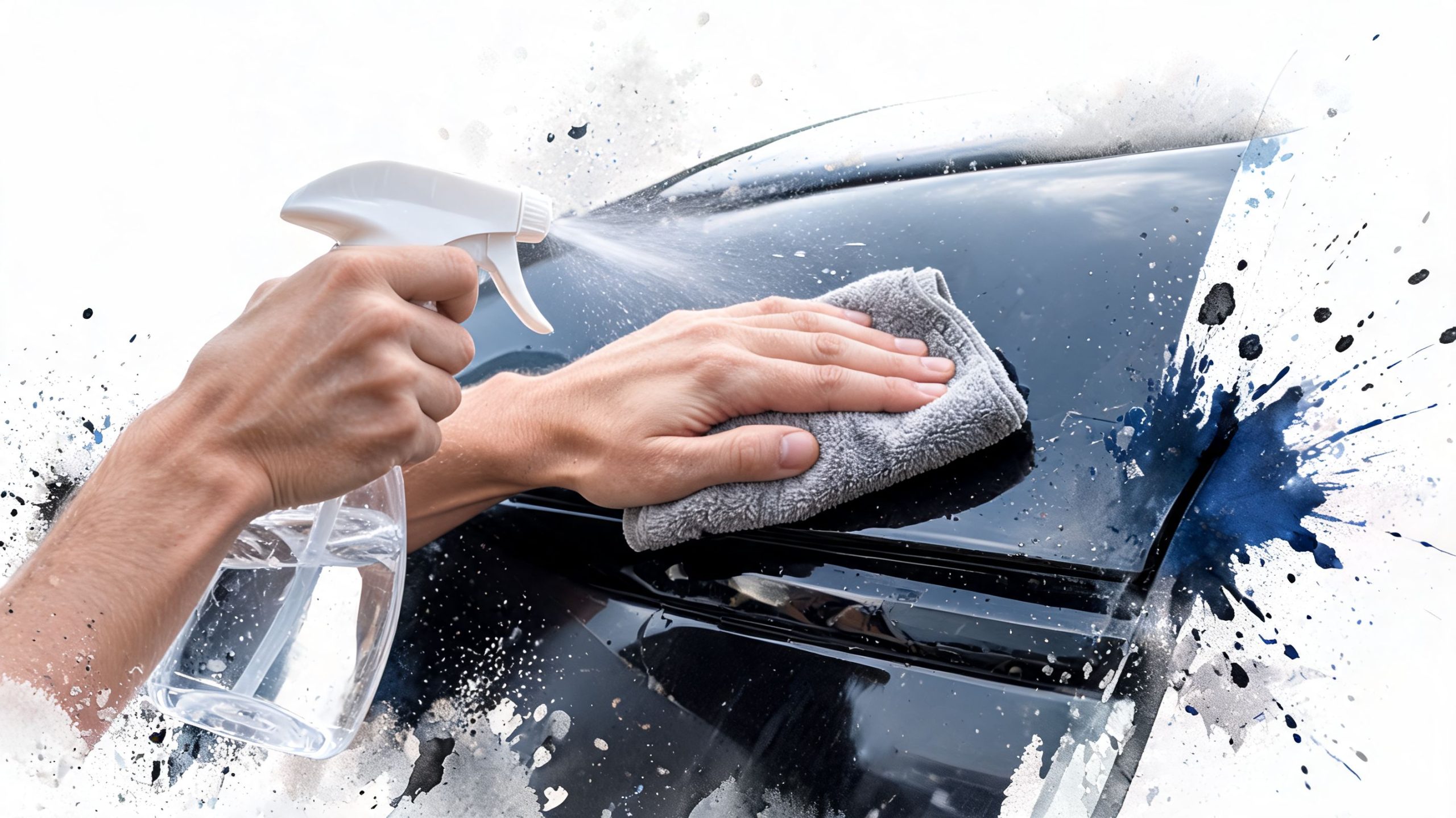 A person cleaning a car surface with a spray bottle and a soft gray microfiber cloth.