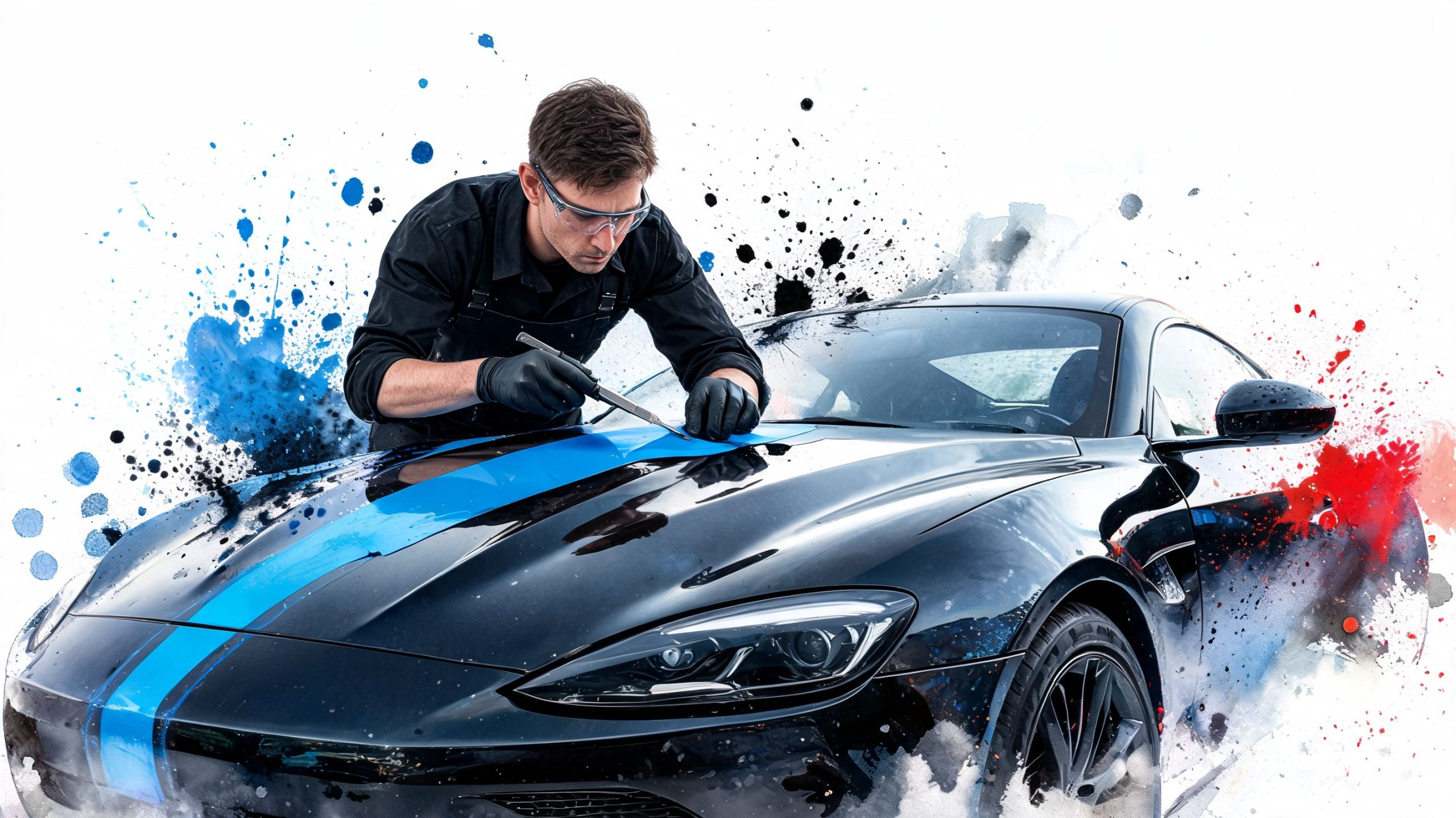 A professional technician carefully applying a bright blue racing stripe sticker onto the hood of a black car.