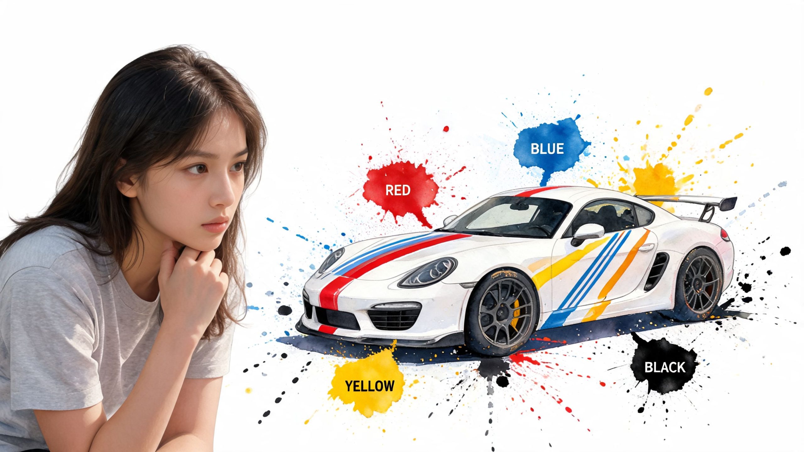 A young woman thoughtfully looking at a white sports car with colorful racing stripe stickers.