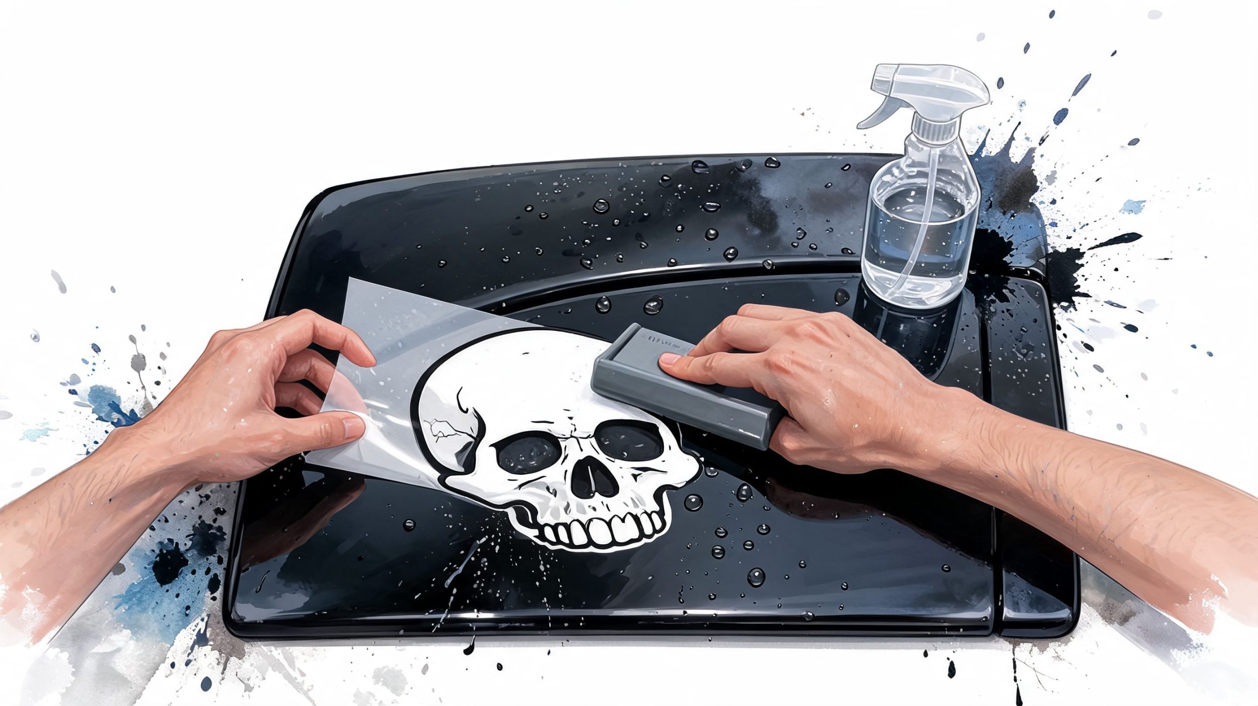 A person applying a white skull decal onto a black car surface using a squeegee tool.