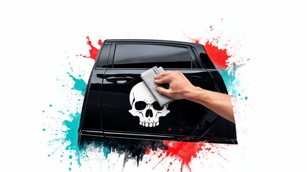 Hand wipes a black car door with a white skull decal while teal and red paint splashes frame the vehicle.