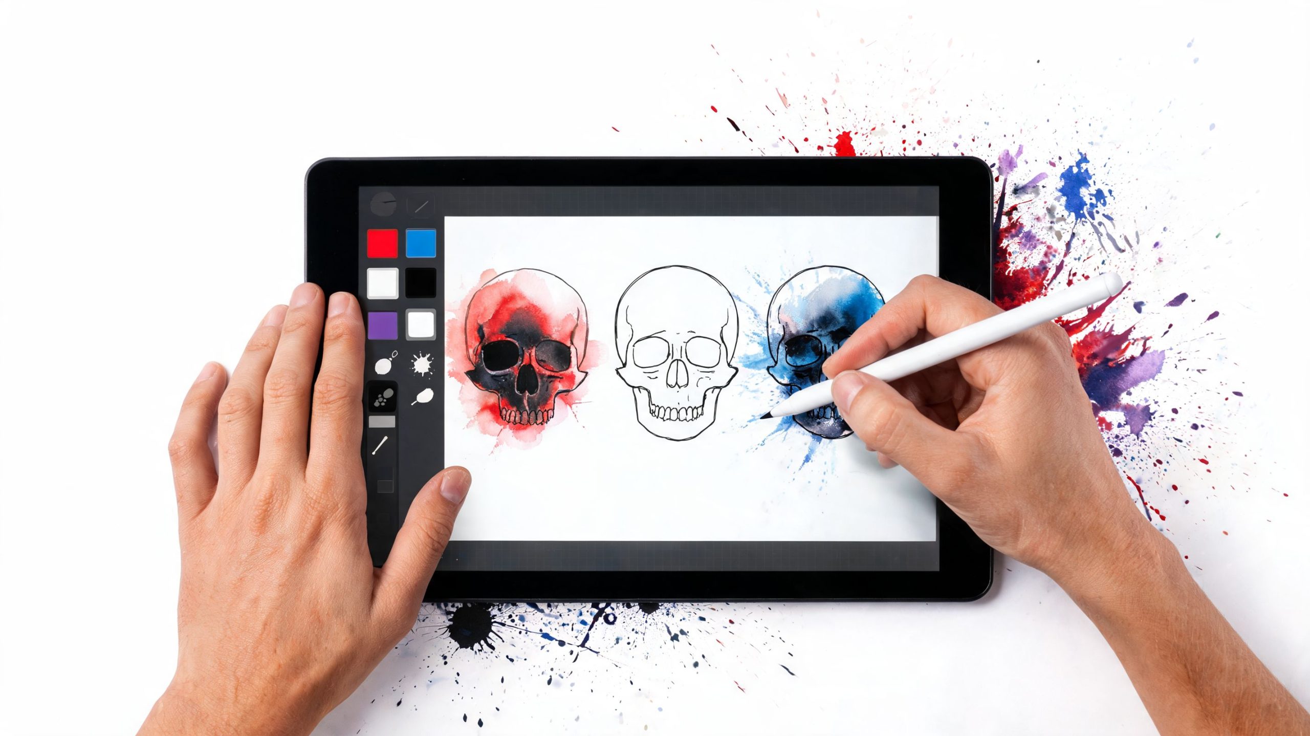 Artist designing a skull car decal graphic on a digital tablet with a stylus pen