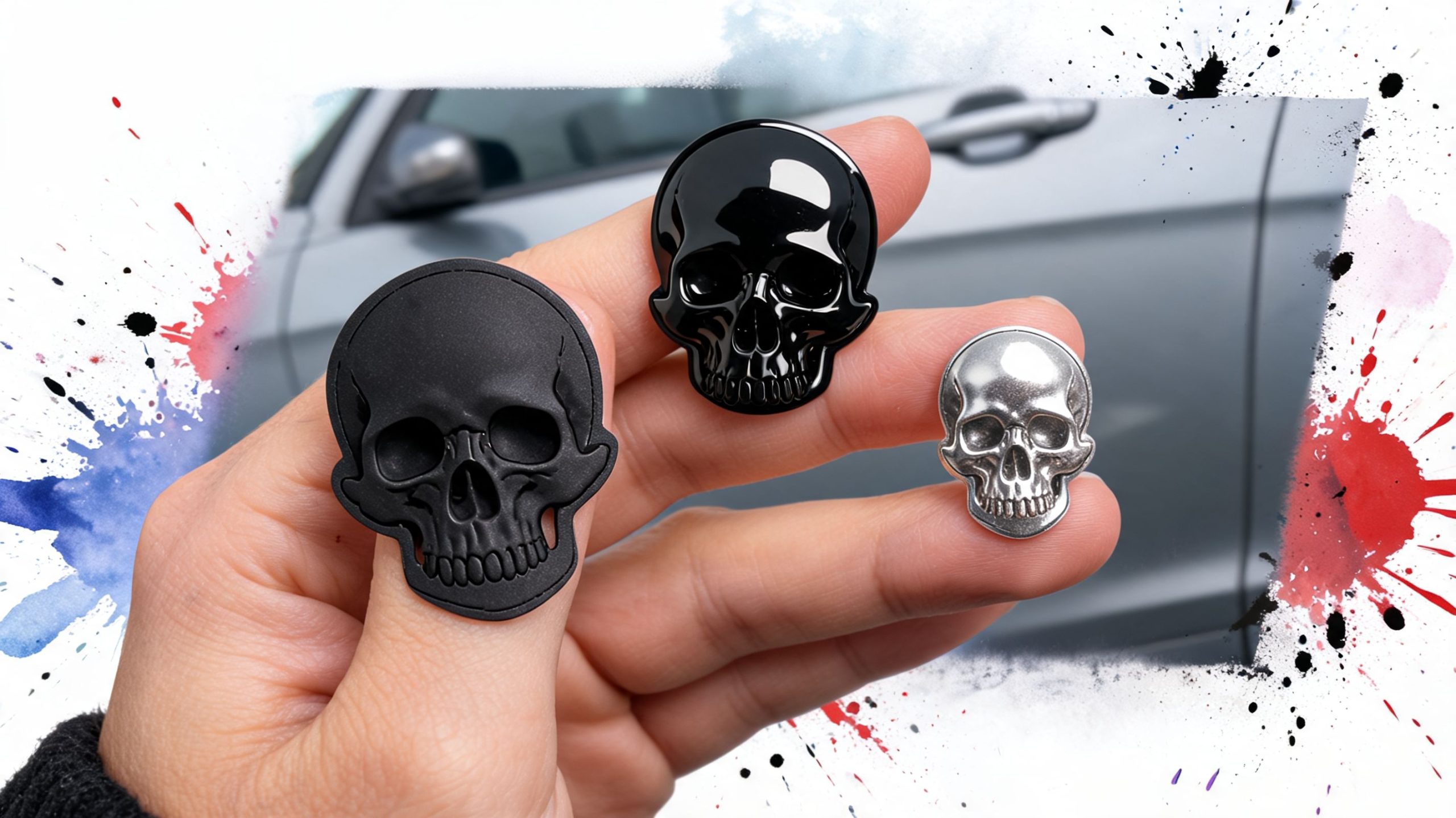 A hand holding three skull shaped car decals in matte black, glossy black, and metallic silver finish.