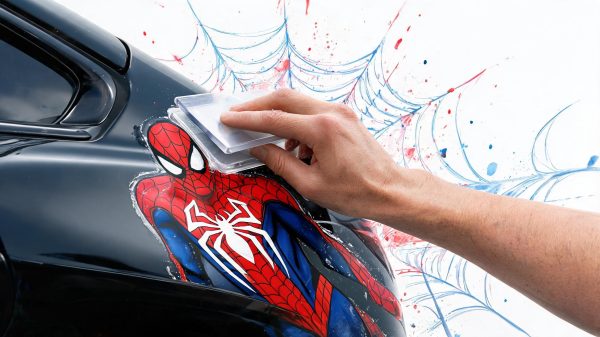 Person using a squeegee to apply Spider-Man artwork on a dark car panel with red and blue web paint splatters