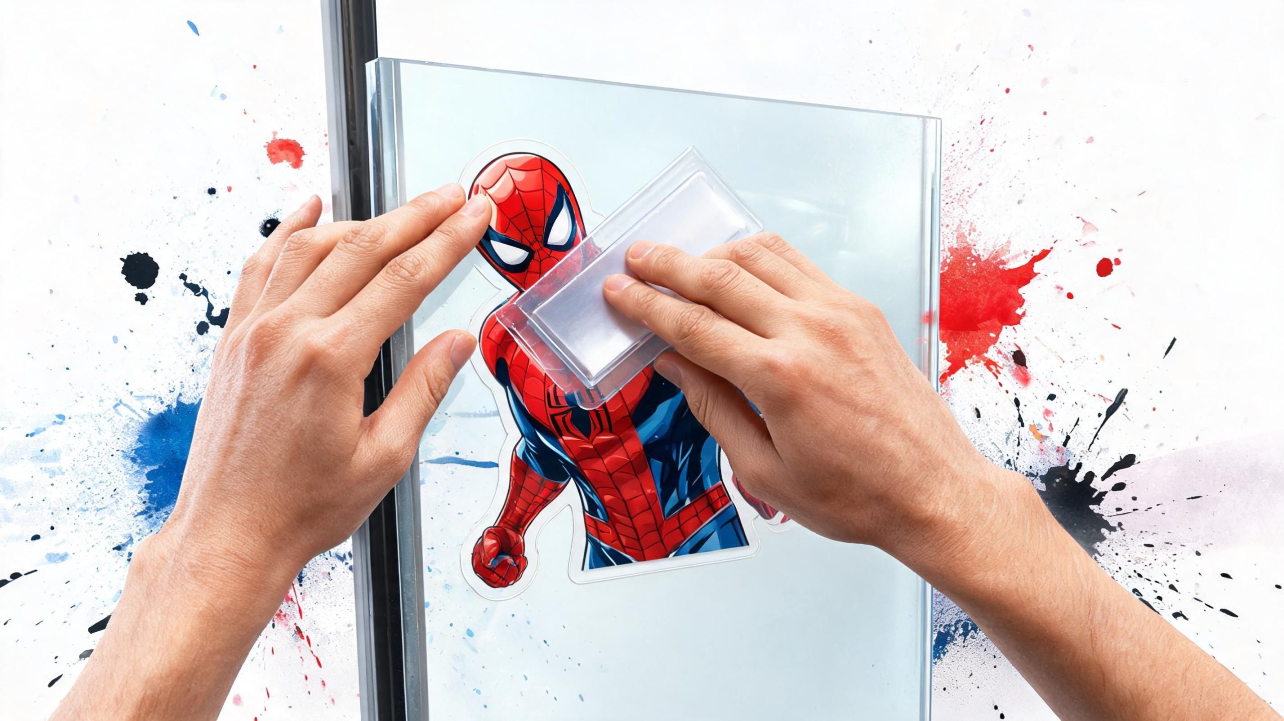 A pair of hands applying a Spider-Man decal onto a clear glass surface using a plastic squeegee.
