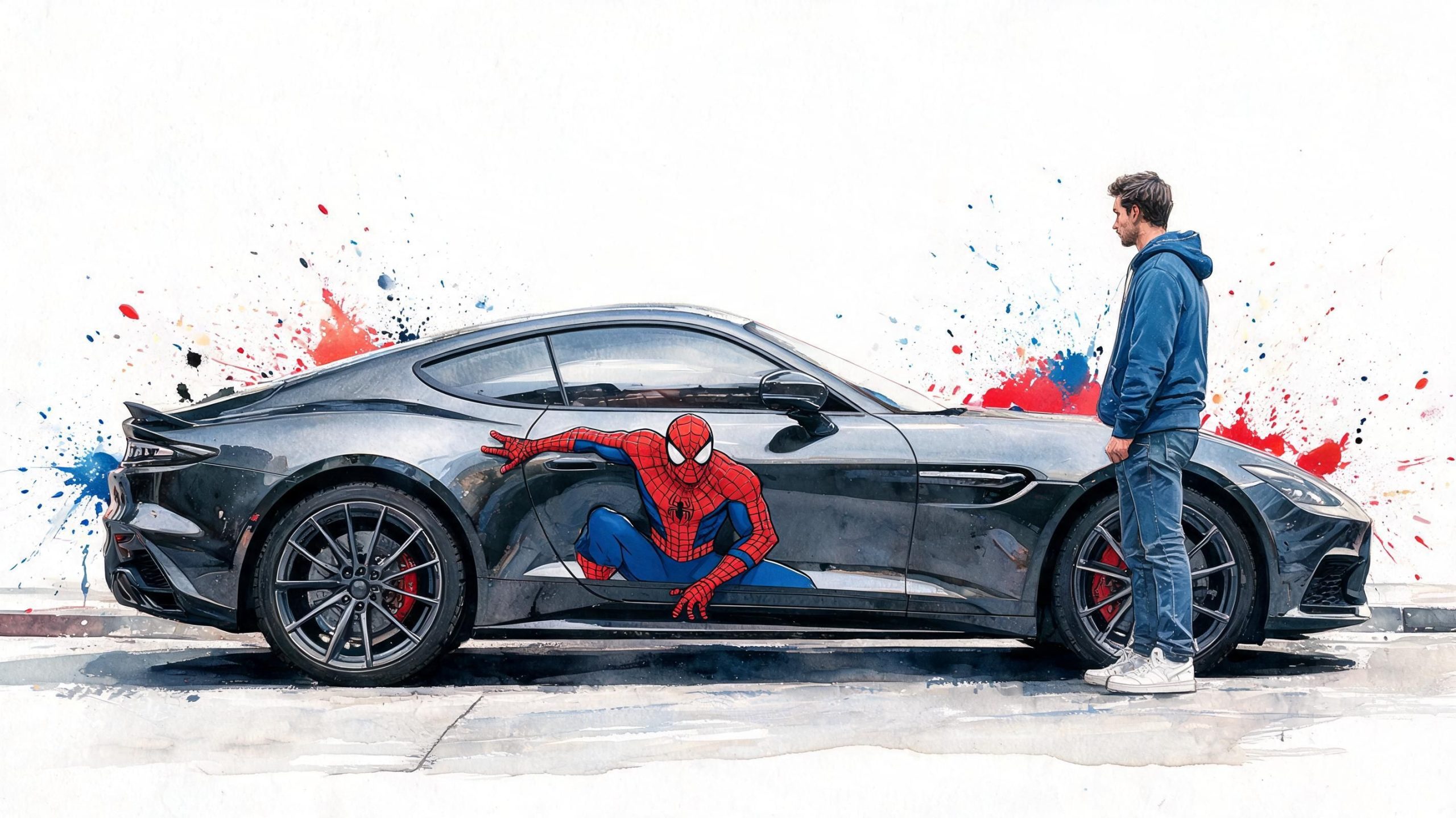 A man standing beside a modern grey sports car featuring a vibrant Spider-Man action graphic decal.